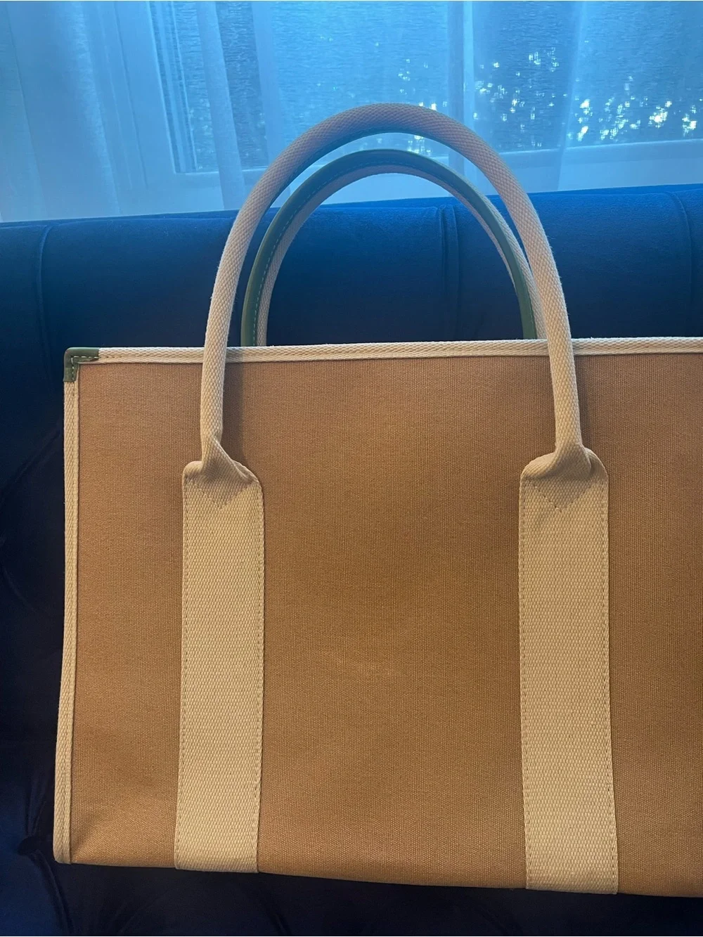 Rare Dooney & Bourke Neutral Canvas Laptop Bag with Green Leather Trim